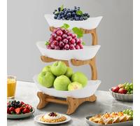 Frutero de 3 pisos, plato ovalado de porcelana, soporte de madera de bambú, cesta de fruta, soporte de bambú, titular, fruta, snack, color blanco