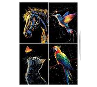 Fruusv Art Scratch Paper, 4X Glitter Art Scratch's Crafts, Craft Drawing Supplies, A4 Size Coloring, Cards Toys, Landscape and Animal, 21 x 15 cm