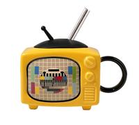 Fruusv Taza de viaje de cerámica, taza con tapa y pajita, taza de TV retro, taza de cerámica de 450 ml, taza de té con tapa, taza con forma de televisión, taza para café caliente, vino, whisky