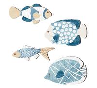 Fruusv Wooden Fish Wall Decor, 4 x Wall-Hangable Fish Sculpture, Coastal Nautical Style, Vintage Beach Lake Ornament, Set of 4, Blue & White, Ideal para interiores y exteriores, 0,2 pulgadas