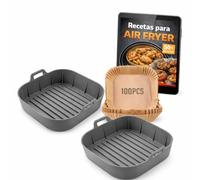 FRYGARRA Moldes Air Fryer 6L 7L Sin Limpiar la Cesta | Pack 100 Papel Desechable + 2 Silicona Reutilizable + 80 Recetas en Vídeo Incluidas