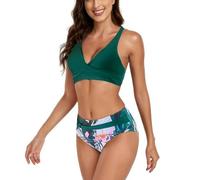Fryloo bañador Conjunto De Bikini Push Up Cintura Alta para Mujer - 2026 Nuevo Traje Baño Sexy Playa, Piscina Y Vacaciones Verano Mujeres-pantalón Flores Verdes-m