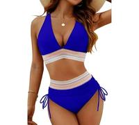 Fryloo bañador Conjunto De Bikini Sexy con Cuello En V Profundo para Mujer - Traje Baño Triangular Cintura Alta Cojín El Pecho Playa, Piscina, Vacaciones Verano-Azul Real-XL