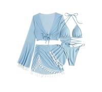 Fryloo bañador S - XL Bikini De Cuatro Piezas Traje Baño Falda Borla Empujar Dos Vacaciones Playa Mujeres-Azul Cielo-s