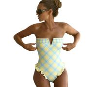 Fryloo bañador Traje De Baño Sin Tiras Polka Las Mujeres, Monokini Control del Vientre Borde Los Volantes, Retro para Vacaciones En La Piscina Playa-as The Picture_b-l