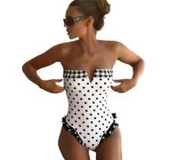 Fryloo bañador Traje De Baño Sin Tiras Polka Las Mujeres, Monokini Control del Vientre Borde Los Volantes, Retro para Vacaciones En La Piscina Playa-as The Picture-m
