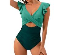 Fryloo bañador Traje De Baño Una Pieza Cruzado Ahuecado para Mujer - 2026 con Volantes Sólidos Playa, Piscina Y Vacaciones Verano-Verde-XL