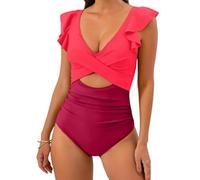 Fryloo bañador Traje De Baño Una Pieza Cruzado Ahuecado para Mujer - 2026 con Volantes Sólidos Playa, Piscina Y Vacaciones Verano-Rojo-l