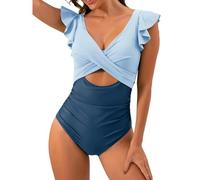 Fryloo bañador Traje De Baño Una Pieza Cruzado Ahuecado para Mujer - 2026 con Volantes Sólidos Playa, Piscina Y Vacaciones Verano-Azul-XL