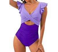 Fryloo bañador Traje De Baño Una Pieza Cruzado Ahuecado para Mujer - 2026 con Volantes Sólidos Playa, Piscina Y Vacaciones Verano-púrpura-XL