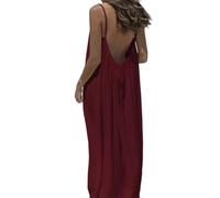 Fryloo Minifalda Mujeres Sin Espalda Maxi Vestido Correa De Espagueti Suelto Verano Playa, Corbata Ajustable Vestido-Wine Red-XXXL