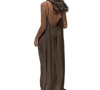 Fryloo Minifalda Mujeres Sin Espalda Maxi Vestido Correa De Espagueti Suelto Verano Playa, Corbata Ajustable Vestido-Coffee-l