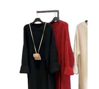 Fryloo Vestido otoño Mujer Tipo Suéter De Punto Estilo Coreano para Mujer, Suelto Manga Larga con Cuello Redondo Y Longitud Media Principios por Encima La Rodilla-Negro-l