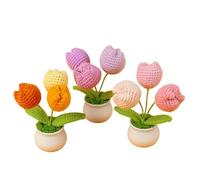 FRZXBKW 3 PCS Crochet Flower Bouquet, 3 Head Artificial Handmade Tulip Flowers for Wedding Birthday Valentine Party, Knitted Potted Plants for Car Dashboard Home