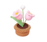 FRZXBKW Crochet Flowers Potted, 2 Head Lily of The Valley Flowers Handmade Knitted Mini Potted Plants Artificial Flowers for Valentine's Gifts Home Office(Pink)