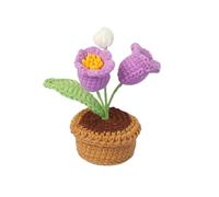 FRZXBKW Crochet Flowers Potted, 2 Head Lily of The Valley Flowers Handmade Knitted Mini Potted Plants Artificial Flowers for Valentine's Gifts Home Office(Purple)