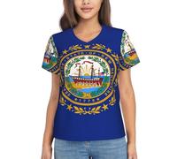 FSCEV Camiseta clásica de manga corta con cuello en V para mujer con la bandera del estado de New Hampshire, adecuada para correr a diario, Negro, XXL