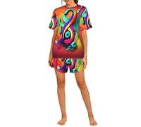 FSCEV Conjunto de pijama de manga corta para mujer, diseño de notas musicales coloridas, Negro, 3XL