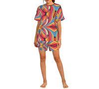 FSCEV Conjunto de pijama de manga corta para mujer, diseño de rayas coloridas, Negro, M