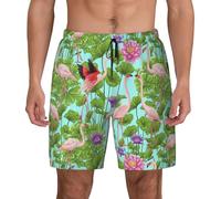 FSCEV Flamingo Love Flowers - Pantalones cortos de natación para hombre con forro de compresión elástico, Negro, S corto