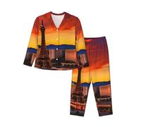 FSCEV Las Vegas Sunset - Conjunto de pijama de manga larga para mujer, cárdigan de dos piezas, ropa de dormir cómoda y ropa de descanso, Negro, L