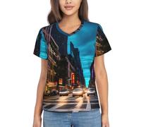 FSCEV Streets of New York City - Camiseta clásica de manga corta con cuello en V para mujer, ajuste regular, adecuada para correr a diario, Negro, S