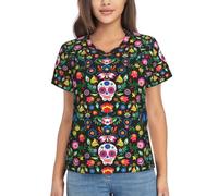 FSCEV Sugar Horror Skull and Flowers - Camiseta clásica de manga corta con cuello en V para mujer, ajuste regular, adecuada para correr a diario, Negro, XL