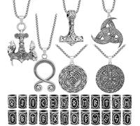 Fscwlmon 30 collares de runas vikingas nórdicas, amuleto de protección para el cabello, barba, cuentas de martillo de Thor, joyería para hombres y mujeres, Zinc, No es una piedra preciosa