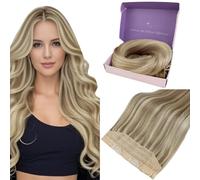 Fshine Extension Cheveux Naturel Fil Invisible 70g 14 Pouces 35CM Une Pièce Blond Cendré Highlighted Blond Doré Réglable Extension Cheveux Humains Rajout Cheveux Fil Wire Hair Extension