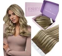 Fshine Extensiones Adhesivas Pelo Natural 20 Pulgadas 50g Cabello Humano Marrón Claro Balayage Rubio Y Marrón Claro Cinta 20Pcs Liso Color 6 60 6