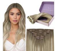 Fshine Extensiones Clip Pelo Natural Cabello Humano Remy 22 Pulgadas Castaño Claro a Rubio Claro Con Castaño Claro Double Weft Extensiones Con Clip Pelo 120g Extensiones 7PCS Color 19 8 60