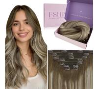 Fshine Extensiones de Cabello Humano Clip 50cm 7Pcs Balayage Marrón A Rubio Platino Extensiones Pelo Natural Liso Human Hair Extensions Clip in 120G