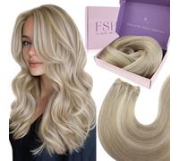 Fshine Extensiones de pelo humano 60 cm, rubio ceniza con rubio blanqueador, mechones para coser, 100 g, color 18P613