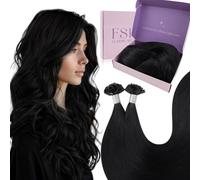 Fshine Extensiones Pelo Natural Queratina Negro Azabache 50CM Extensions de Cabello Queratina Humano Cabello Pre Bonded Remy Extensiones Cabello Queratina U Tip Hair Extensions Human Hair Color 1