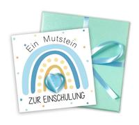 fshxj Mutstein Juego de corazón para escolarización para niños, amuleto azul de la suerte, 2 cm, con tarjeta de arco iris grabable, 8 x 8 cm, regalo listo en caja de regalo con cinta, para comienzo