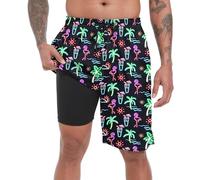 FT FENTENG Traje de baño para hombre con forro de compresión de 9 pulgadas, pantalones cortos 2 en 1, de secado rápido, trajes de baño de playa para hombre, Neon Flamingo-c, 4X-Large