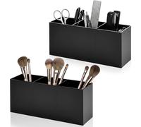 FTISSLY 2 Pcs Portabrochas Maquillaje de Acrílico Negro Organizador de Cosméticos para Tocador y Baño Cubos de 3 Compartimentos Estable Antivuelco para Brochas Lápices de Labios y Escritorio Oficina