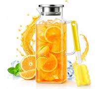 FTISSLY Jarra Agua Cristal Cuadrada con Tapa 2 Litros botella cristal de Borosilicato para Jugo, Agua Nevera y Frigorífico Jarra de Agua Vidrio 2L con Doble Vertido y Mango, 27,2x9,5cm + un Cepillo