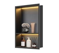 FTL Nicho de Pared para Ducha con LED Negro 33,3×48,5×10 cm, Nicho de Baño Empotrado de Acero Inoxidable con Luz LED 3000K Blanco Cálido (No Regulable), Estante de Ducha de 2 Niveles