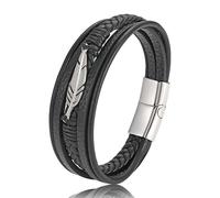 FTPZTINX Pulsera Hombre Cuero,Pulsera De Cuero Multicapa Con Plumas Tejidas A Mano, Pulsera De Cuero Trenzada Con Cuerda Para Hombre, Joyería De Acero