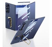 FTRONGRT Funda Compatible con Samsung Galaxy Z Trifold, PC Carcasa Dura + Película de Pantalla de Vidrio Templado, Soporte Giratorio para Pulsera, Antiarañazos Funda Protectora. Azul Oscuro