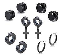 Fu You 5 Pares Acero Inoxidable Pendientes Cruz Hombres Mujer, Pendientes Hombres Diamante, Pendientes Iman Hombre Magneticos, Pendientes Aro Falso Pendientes Clip Sin Agujero No Piercing Negro