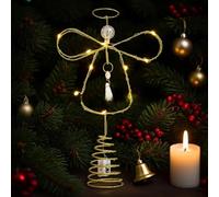 FUANA Adorno de hierro con luz LED de ángel con purpurina dorada | Árbol de ángel de hierro con purpurina con luces LED para decoración de mesa de Navidad, Pascua, color dorado