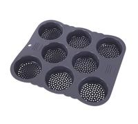 FUANA Bandeja de silicona para hornear pan de hamburguesas, 8 cavidades redondas para mini hamburguesas o pizzas, no y apta para lavavajillas, gris, 25,3 x 18 x 2,5 cm