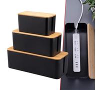 FUANA Caja organizadora de cables con tapa de madera para gestión de cables de oficina en casa, gran almacenamiento para regletas y adaptadores, probador eléctrico negro receptor sensor
