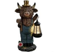 FUANA Estatua solar de vaca escocesa con letrero de bienvenida de linterna, decoración moderna de animales al aire libre para césped, patio, porche, entrada, jardín rústico para acento