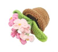 FUANA Mini flor hecha a mano de ganchillo Forget-Me-Not en maceta de punto, decoración de plantas de tela artificial para coche, escritorio, estante, azul y blanco (rojo claro)