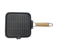FUANA Sartén plegable de hierro fundido con mango de madera, sartén a rayas para filetes, camping y cocina al aire libre, sartén portátil de 9.45 pulgadas
