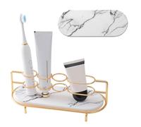 FUANA Soporte para cepillo de dientes de diatomita con marco chapado en oro, organizador de baño de piedra absorbente de agua, compatible con cepillos de dientes, peines de afeitar, 25 x 10 x 9 cm