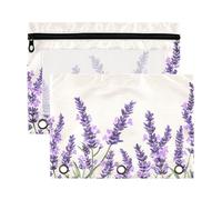 Fuauuyl 1 estuche para lápices con borde de flores de lavanda para carpeta de 3 anillas, estuche transparente con ventana para carpetas, bolsas de lápices con cremallera, paquete de 2